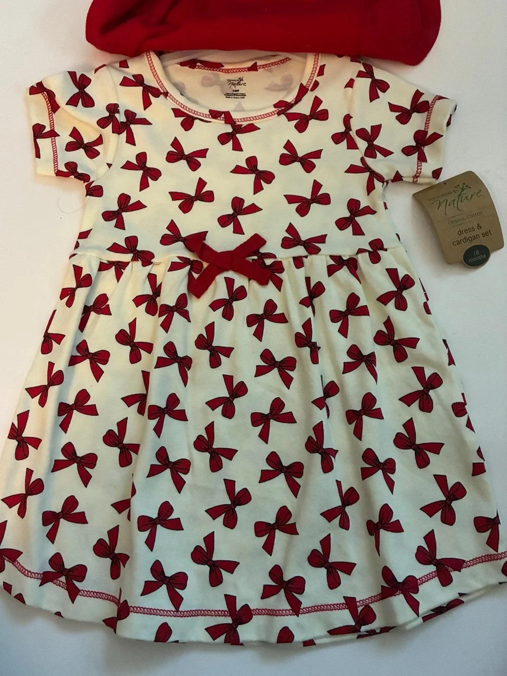 NWT Touched by Nature 18m Red Bow Print Dress & Cardigan Set